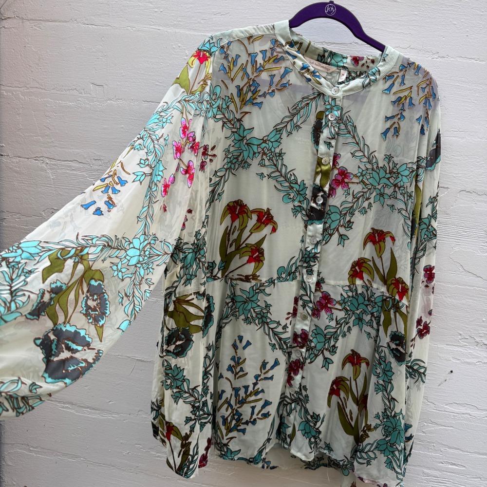 Soft Surroundings Top 3X Sage Floral Burnout Button Front Boho Balloon Sleeve